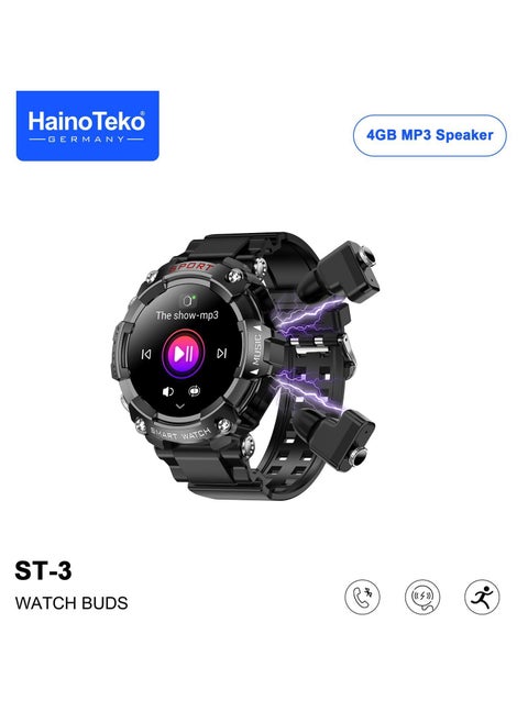 Haino Teko Germany  ST3 Round Shape AMOLED Display Smartwatch With Ear Buds and inbuilt 4gb MP3 Speaker for Mens Black