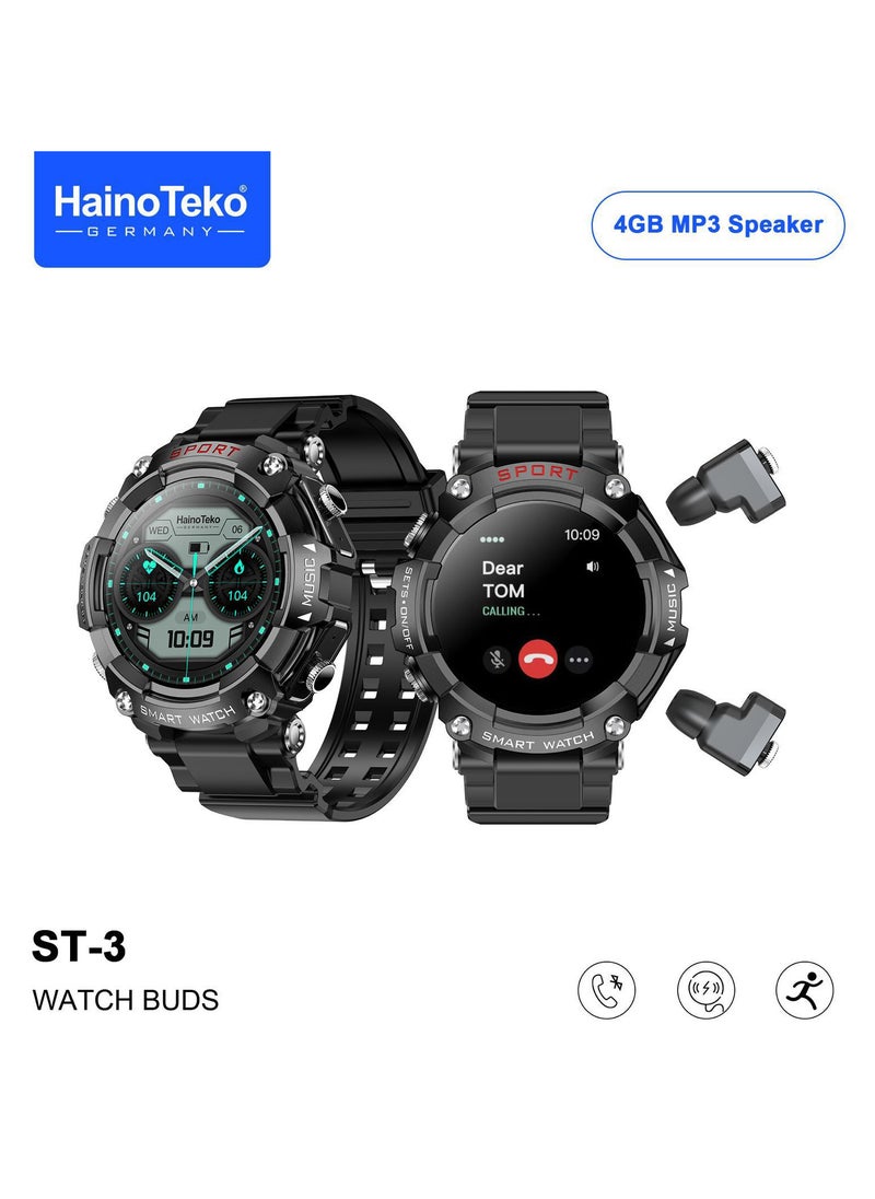 Haino Teko Germany  ST3 Round Shape AMOLED Display Smartwatch With Ear Buds and inbuilt 4gb MP3 Speaker for Mens Black