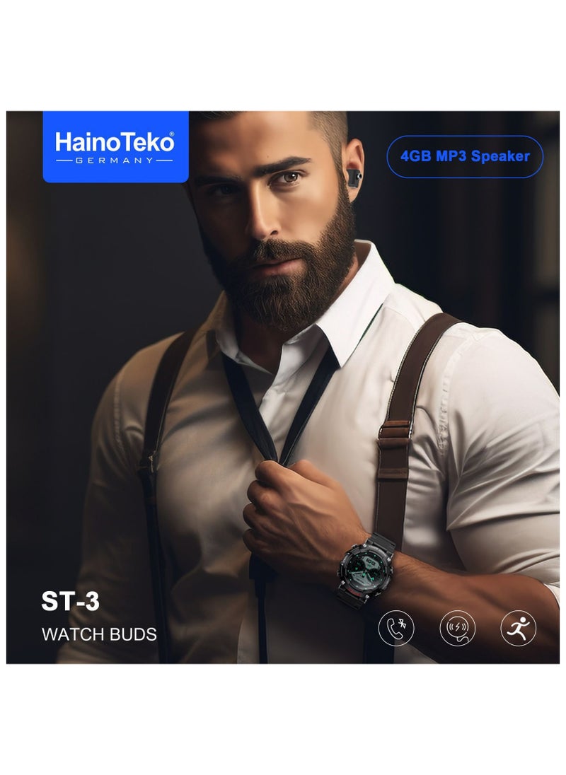 Haino Teko Germany  ST3 Round Shape AMOLED Display Smartwatch With Ear Buds and inbuilt 4gb MP3 Speaker for Mens Black