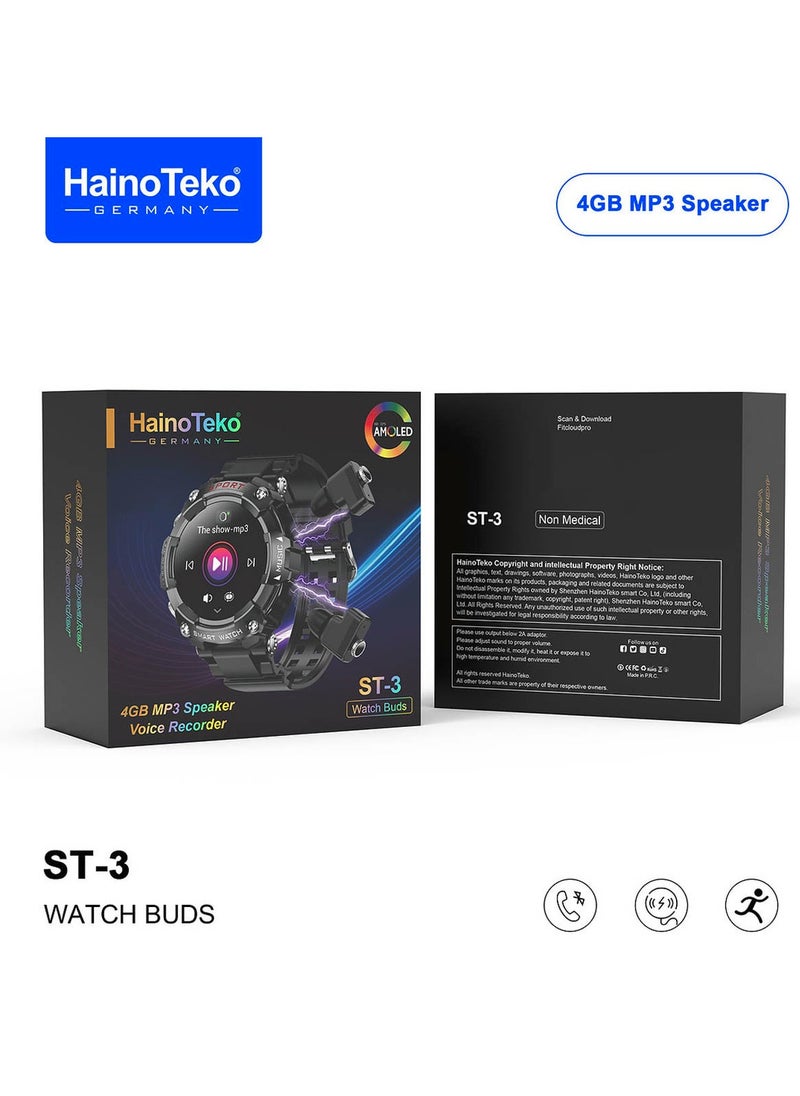 Haino Teko Germany  ST3 Round Shape AMOLED Display Smartwatch With Ear Buds and inbuilt 4gb MP3 Speaker for Mens Black