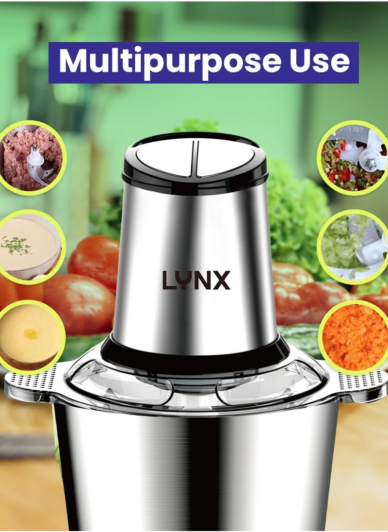 Electric Chopper for Vegetables and Meat – 3L Stainless Steel Bowl, 300W Powerful Copper Motor, Two Adjustable Speeds, Non-Slip Rubber Base, Safety System, Quadrilateral Cutting Blade – AC 220-240V, 50/60Hz – LY-CH-5003