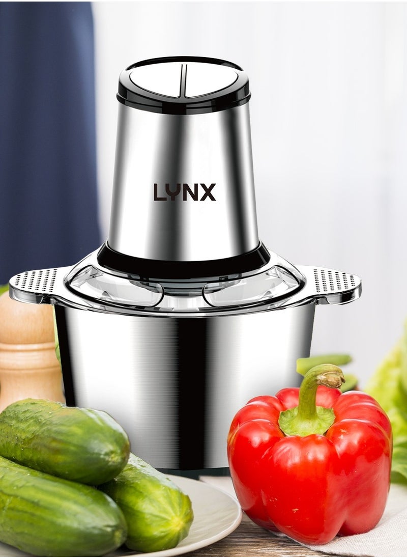 Electric Chopper for Vegetables and Meat – 3L Stainless Steel Bowl, 300W Powerful Copper Motor, Two Adjustable Speeds, Non-Slip Rubber Base, Safety System, Quadrilateral Cutting Blade – AC 220-240V, 50/60Hz – LY-CH-5003