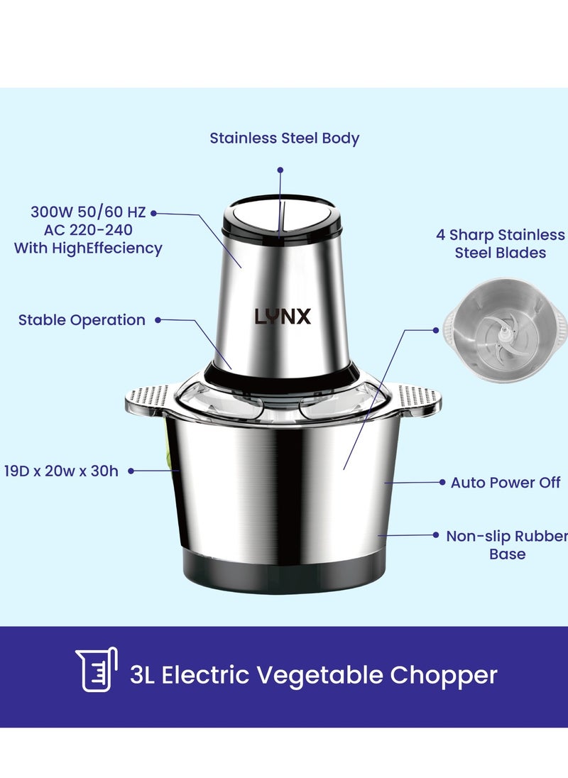 Electric Chopper for Vegetables and Meat – 3L Stainless Steel Bowl, 300W Powerful Copper Motor, Two Adjustable Speeds, Non-Slip Rubber Base, Safety System, Quadrilateral Cutting Blade – AC 220-240V, 50/60Hz – LY-CH-5003