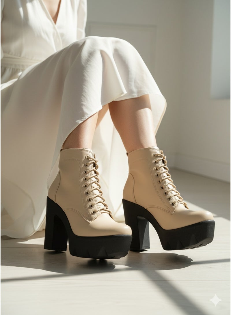 فيبراندا انكل بوت جلد كعب 7سم-بيج - Image 1