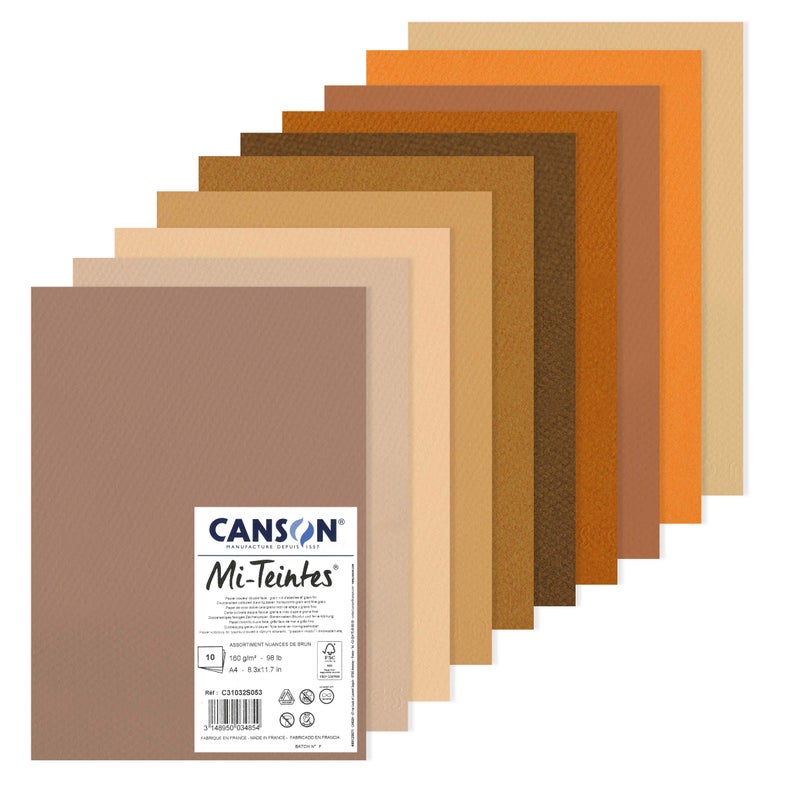 CANSON MiTeintes Coloured Drawing 160gsm A4 Paper Pack Double Sided Honeycomb Fine Grain 10 Brown Colour Sheets for Professional Artists Illustrators