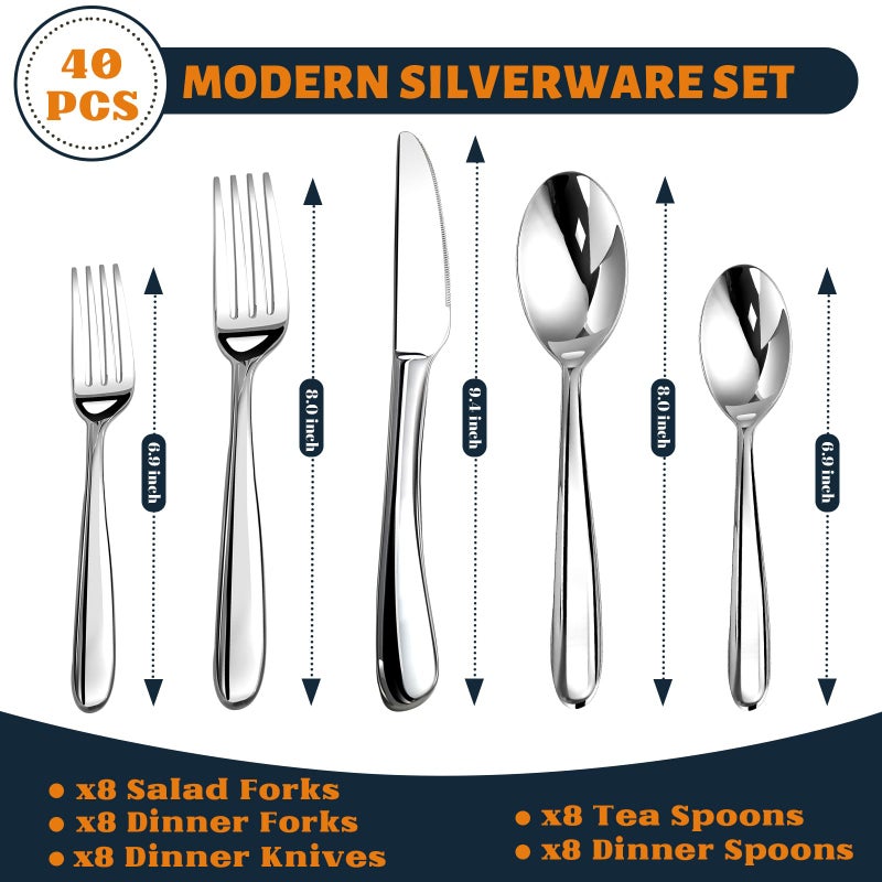 NICE KITCHEN Silverware Set for 8, Heavy Duty Stainless Steel Cutlery Set Flatware Set,40 Piece Premium Silverware, Mirror Polished Modern Cutlery include Fork Knife Spoon Set,Dishwasher Safe - Image 2