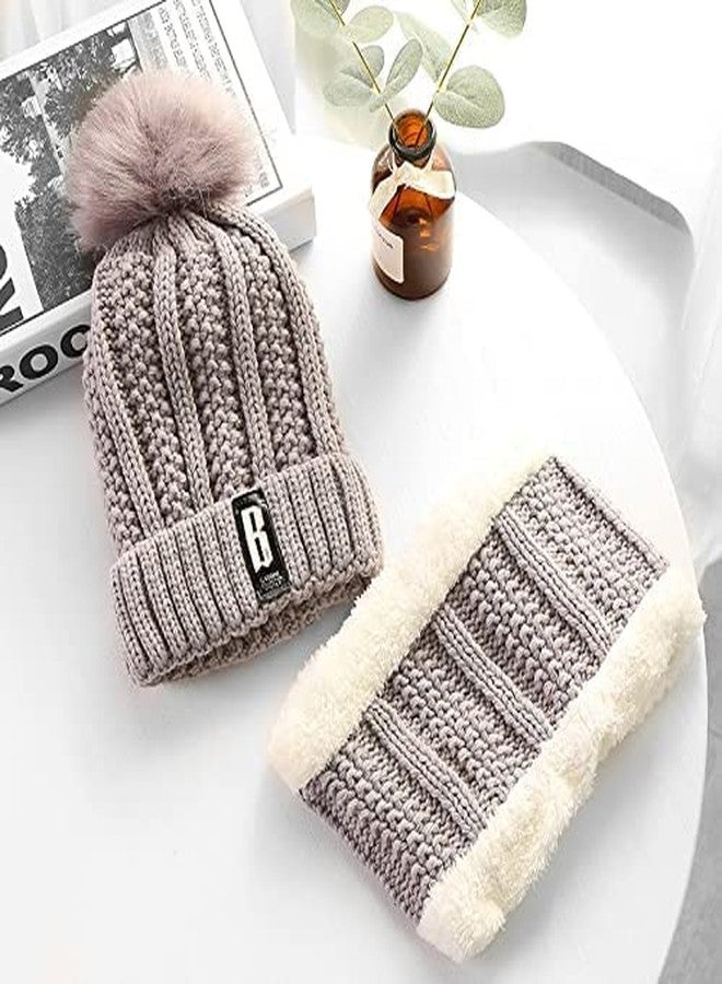 VINSON Stylish Kids Girl's/Boy's (>12 Years) Winter Woolen Warm and Snow Proof Soft Beanie Cap/Hat (Pompom) and Scarf Set (Fur Inside) (Grey) - Image 2