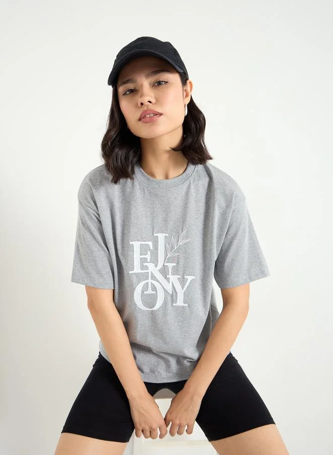 ستايلي Styli Boxy Embroidered T-Shirt with Dropped Shoulder