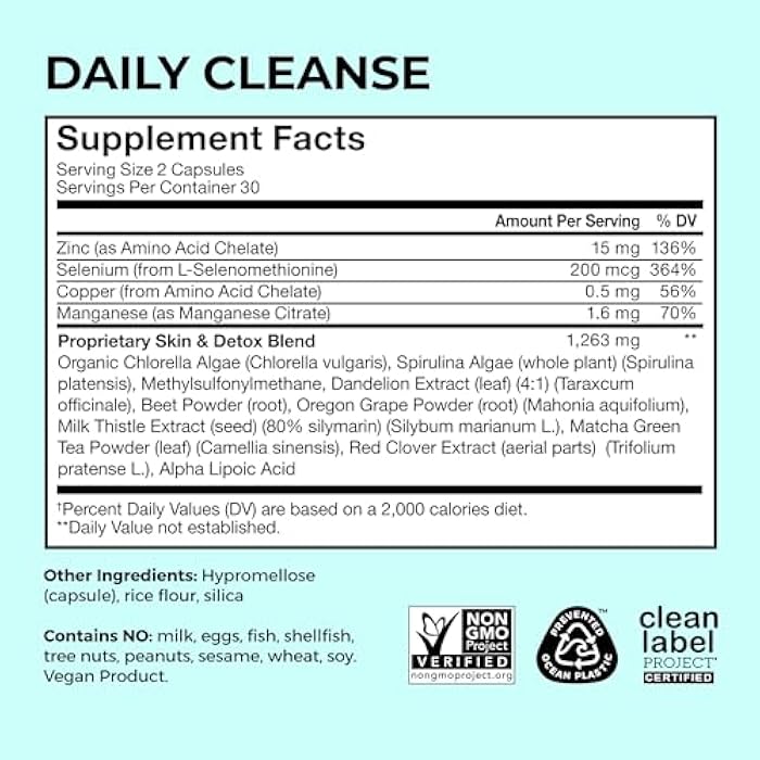 HUM Daily Cleanse Acne Supplements for Women & Men, Gentle Digestive Cleanse for Clear Skin Support, Zinc, Spirulina, Chlorella, Detoxifying Herbs, Organic Algae, Skin Vitamins Supplement, 60 Capsules - Image 5