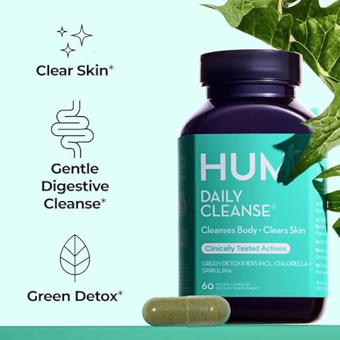 HUM Daily Cleanse Acne Supplements for Women & Men, Gentle Digestive Cleanse for Clear Skin Support, Zinc, Spirulina, Chlorella, Detoxifying Herbs, Organic Algae, Skin Vitamins Supplement, 60 Capsules - Image 2