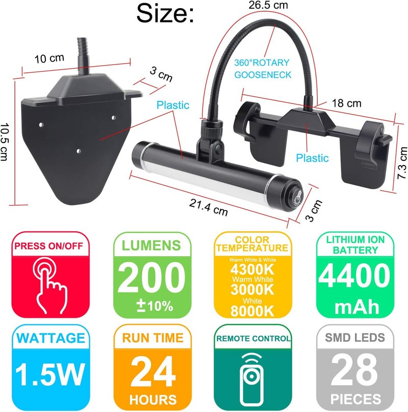HONWELL Painting Lights Cordless, Dartboard Light with Remote, Rechargeable Picture Light, Picture Frame Lights with 3 Modes 28 LEDs Rotate Head, 360° Flexible Neck,Clip on Display Light for Art-Black - Image 4