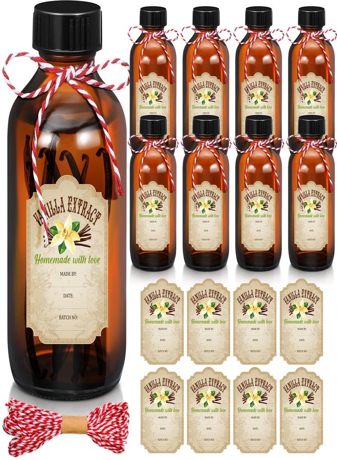 Uiifan 8 Pcs Vanilla Extract Bottles Boston Round with Caps Glass Bottle and 8 Pcs Vanilla Extract Labels Stickers for Syrup Gift Glass Food Storage Canister Set Sauce Beans(8 oz) - Image 1