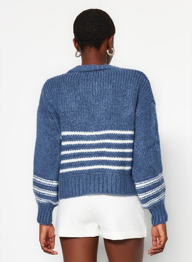 trendyol Indigo Soft Textured Striped Knitwear Cardigan - Image 5