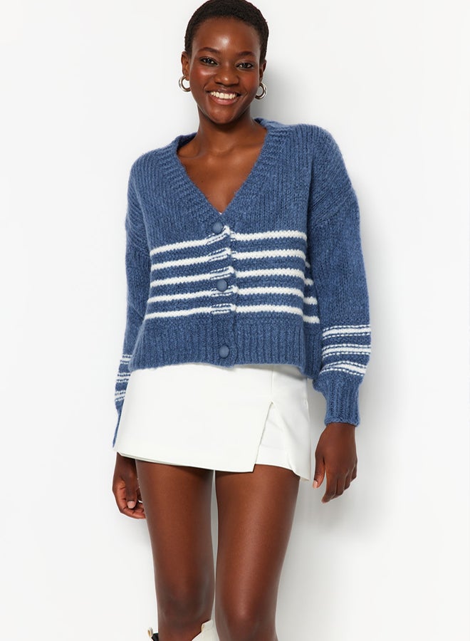 trendyol Indigo Soft Textured Striped Knitwear Cardigan - Image 1