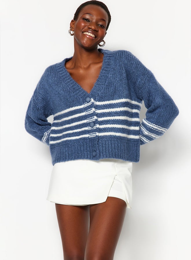 trendyol Indigo Soft Textured Striped Knitwear Cardigan - Image 2