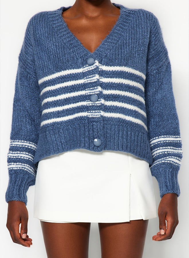 trendyol Indigo Soft Textured Striped Knitwear Cardigan - Image 4