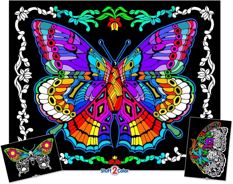 Stuff2Color Geo Butterfly Fuzzy Coloring Poster Set - Includes 3 Designs for All Ages - Image 1