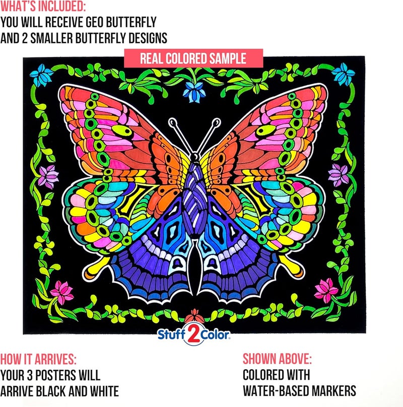 Stuff2Color Geo Butterfly Fuzzy Coloring Poster Set - Includes 3 Designs for All Ages - Image 3