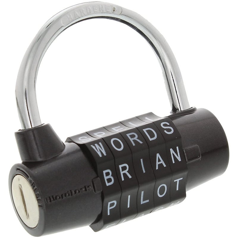 WordLock 63millimeter Resettable Choose Your Own Word 5dial Hardened Steel Shackle Combination Padlock 100000 Choices Black 128276