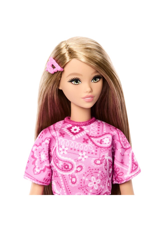 Barbie Fashionistas Style Doll #249 with Blonde Hair, Wearing Pink Paisley Skirt, Pink Paisley Shirt, White Platform Sandals - Image 3
