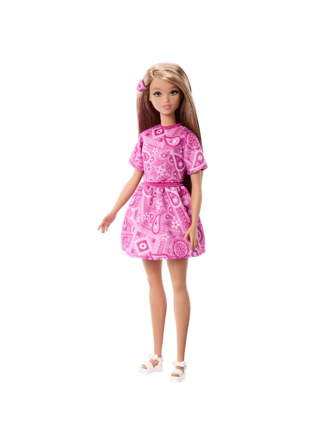 Barbie Fashionistas Style Doll #249 with Blonde Hair, Wearing Pink Paisley Skirt, Pink Paisley Shirt, White Platform Sandals - Image 1