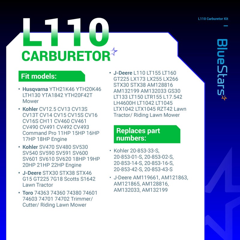 BlueStars L110 CV15S Carburetor Kit - For John Deere L110 LT160 LT155 Lawn Mower with 15hp 17.5hp Kohler CV15 CV460 SV600 CV16S SV540 SV530 SV590 Husqvarna YTH21K46 YTH20K46 LTH130 YTA1842 YTH20F42T - Image 4