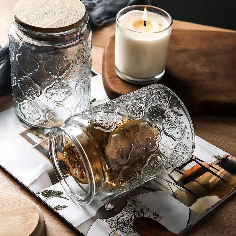 Custde Glass Storage Jars With Airtight Lid, 23.7oz Canister For Kitchen Counter with Bamboo Lid, brown sugar, candy, coffee, cookie, salt, tea,pantry cute Jar (Begonia Flowers*1) - Image 3