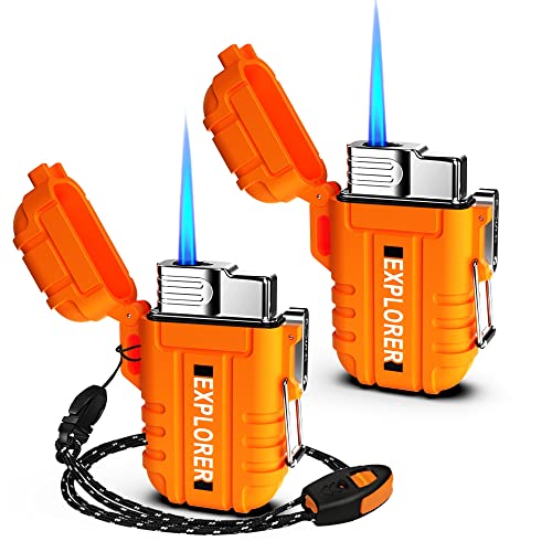 Jaerdhs Waterproof Butane Torch Lighter Refillable Windproof Jet Flame Lighters for Fireplace Fireworks Grill Camping BBQ Lighter Gift for Man,2 Pack (Without Gas) (Orange+Orange) - Image 1