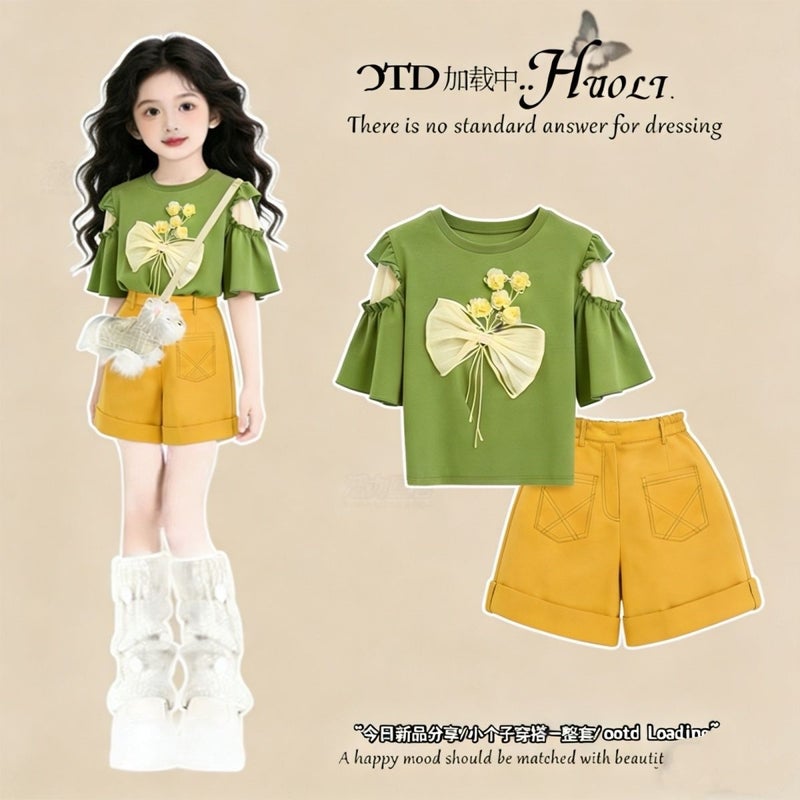Girls'' Summer Outfit Set, New Style for Older Children, Stylish Short-Sleeve Top and Children''s Shorts Two-Piece Set - Image 3