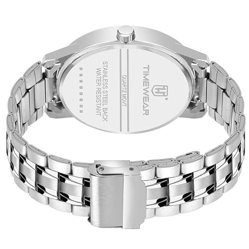 TIMEWEAR Stainless Steel Formal Day Date Watch Collection Analog Men Watch (Black Dial Silver Colored Strap), Silver Band - Image 5