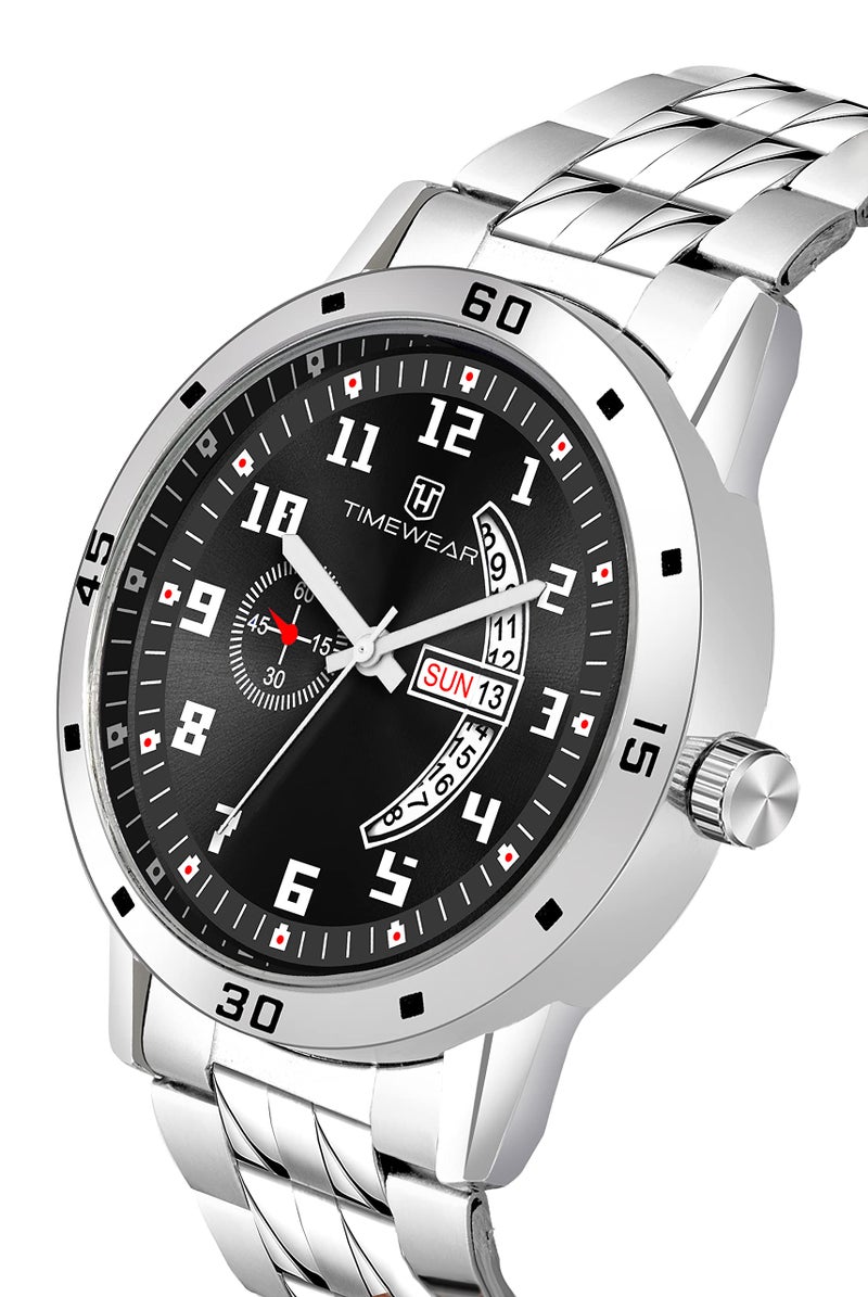 TIMEWEAR Stainless Steel Formal Day Date Watch Collection Analog Men Watch (Black Dial Silver Colored Strap), Silver Band - Image 4
