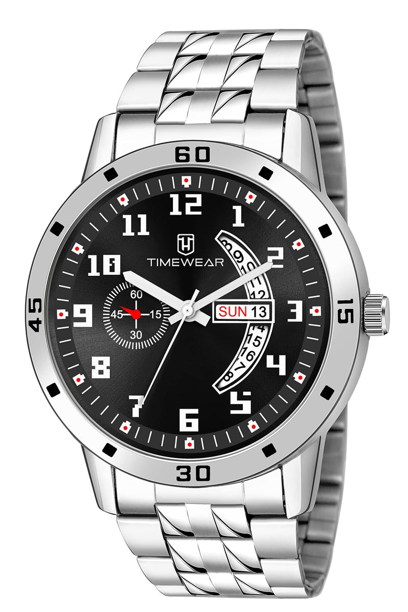 TIMEWEAR Stainless Steel Formal Day Date Watch Collection Analog Men Watch (Black Dial Silver Colored Strap), Silver Band - Image 1