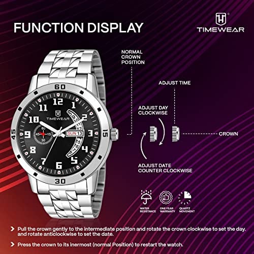 TIMEWEAR Stainless Steel Formal Day Date Watch Collection Analog Men Watch (Black Dial Silver Colored Strap), Silver Band - Image 3