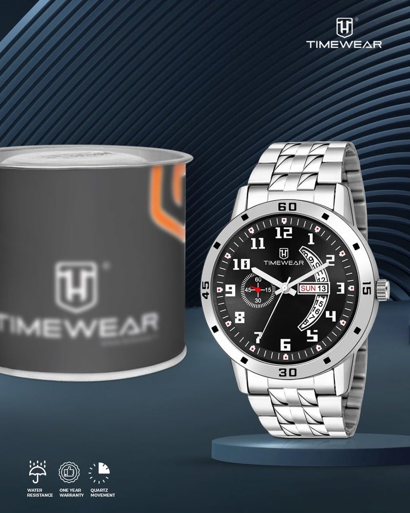 TIMEWEAR Stainless Steel Formal Day Date Watch Collection Analog Men Watch (Black Dial Silver Colored Strap), Silver Band - Image 2