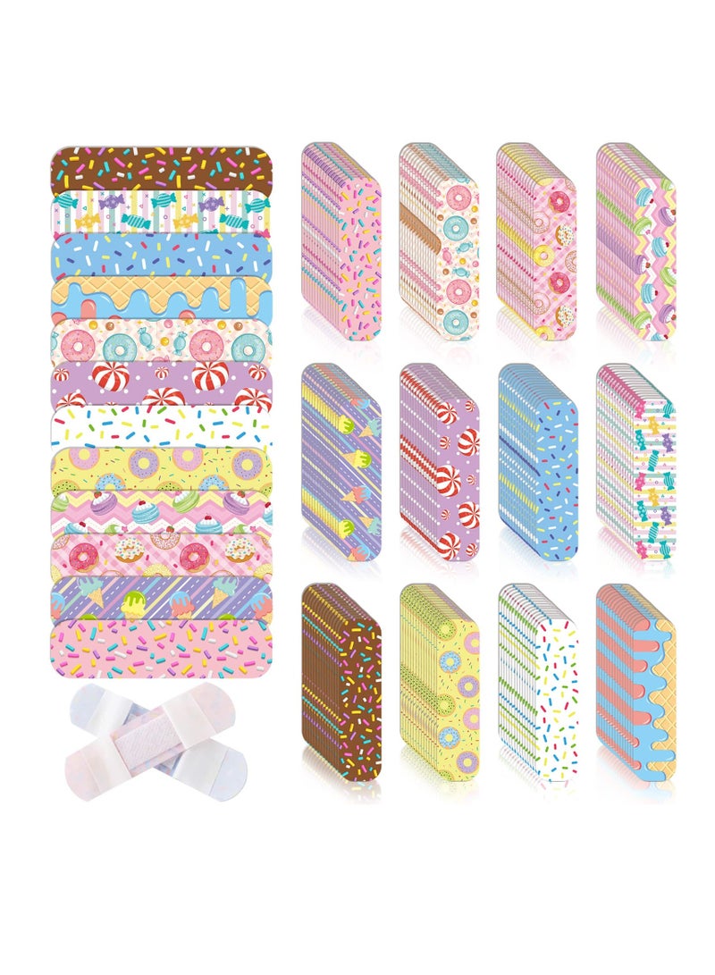 Cartoon Adhesive Bandages for Kids, 12 Styles 120 Pcs Flexible Adhesive Candy Donut Bandages, Waterproof Breathable Adhesive Bandages, for Little Cuts Scrapes for Girls Boys Children