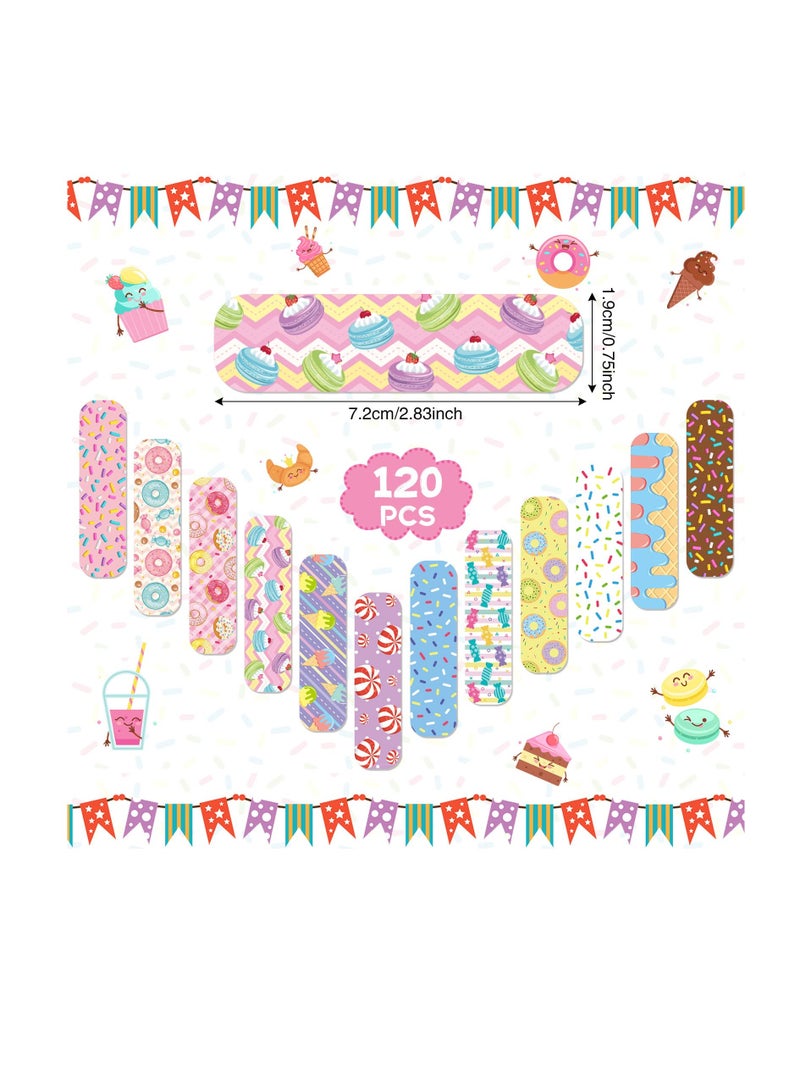 Cartoon Adhesive Bandages for Kids, 12 Styles 120 Pcs Flexible Adhesive Candy Donut Bandages, Waterproof Breathable Adhesive Bandages, for Little Cuts Scrapes for Girls Boys Children