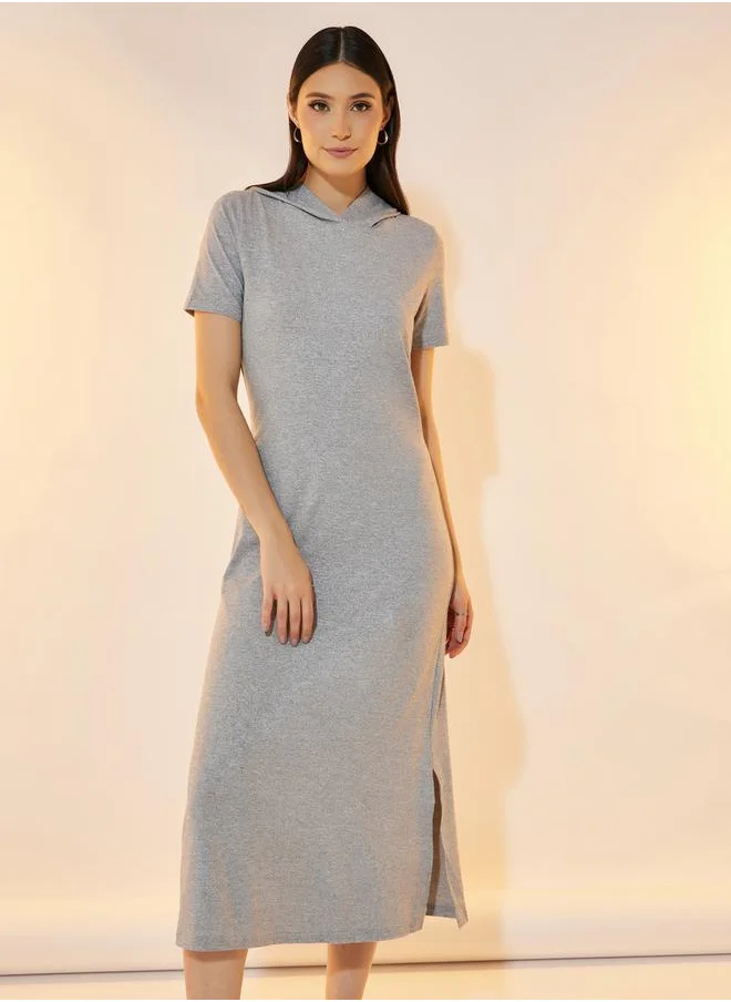 Styli Hooded T-Shirt Midi Dress with Side Slit