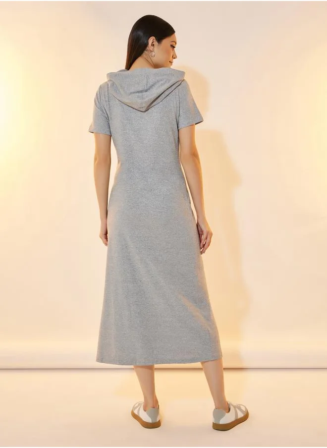 Styli Hooded T-Shirt Midi Dress with Side Slit