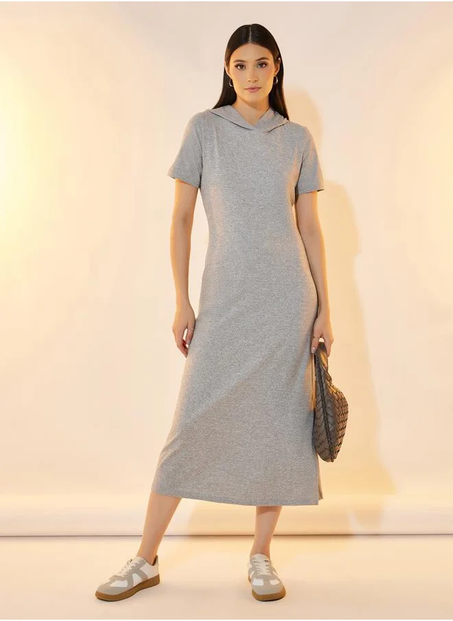 Styli Hooded T-Shirt Midi Dress with Side Slit
