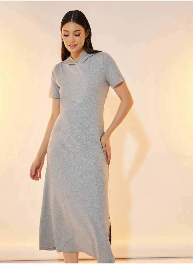 Styli Hooded T-Shirt Midi Dress with Side Slit