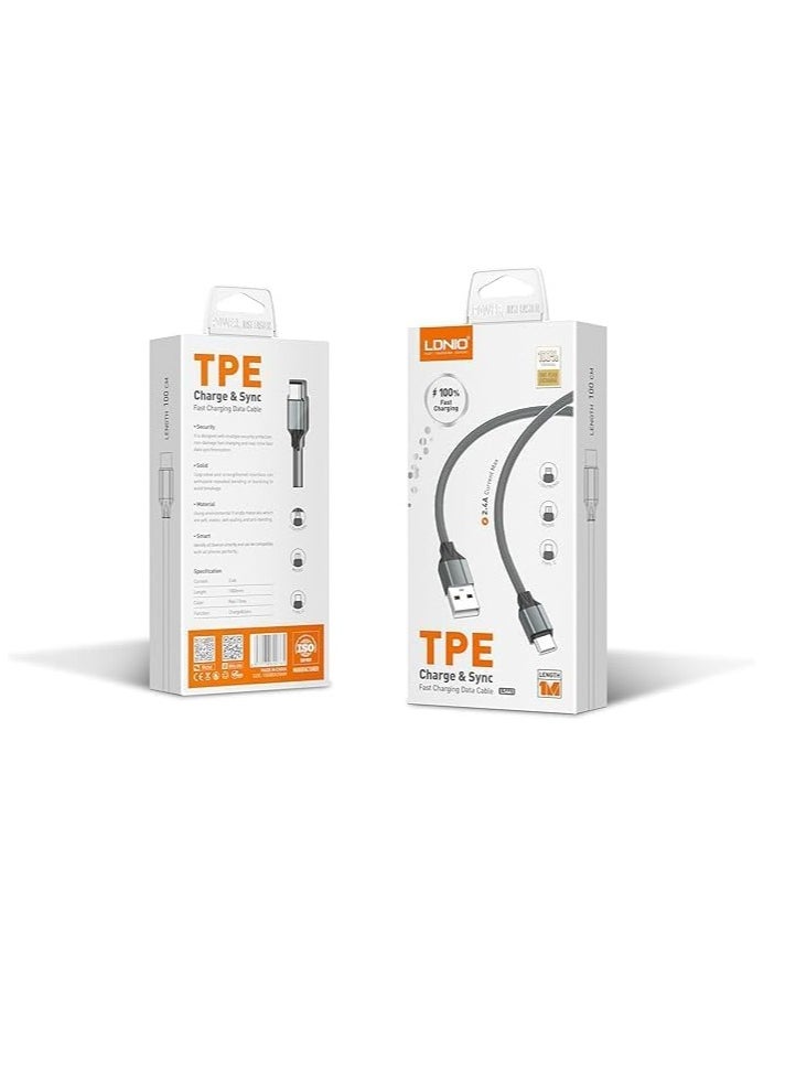 LS441  LDNIO TPE Fast Charging Data Cable from Lightning to USB-A, 1m Length and 2.4Amp Current Max - Grey
