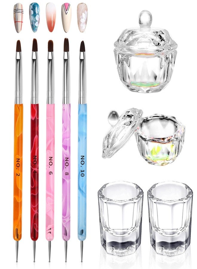 LIONVISON 9Pcs Nail Art Brushes Set: 2 Dappen Dish with Lid & 2 Crystal Monomer Dish & 5 Acrylic Nail Brush - Image 1