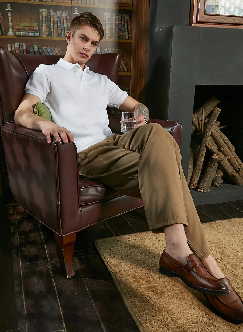 Campus Sutra Men's Cream White Solid Ribbed Polo T-Shirt