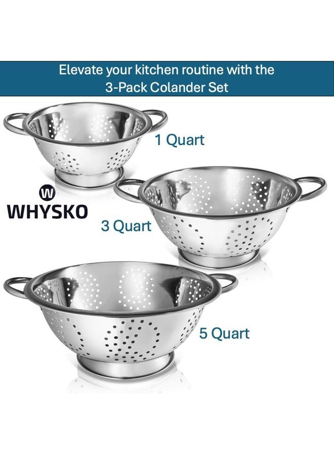 Whysko 3 Pack Stainless Steel Colanders with Handles - 5 Qt, 3 Qt, 1 Qt - Durable Colander for Kitchen Strainers and Colanders Set - Ideal Metal Colander for Pasta, Vegetables, Food Prep - Image 2