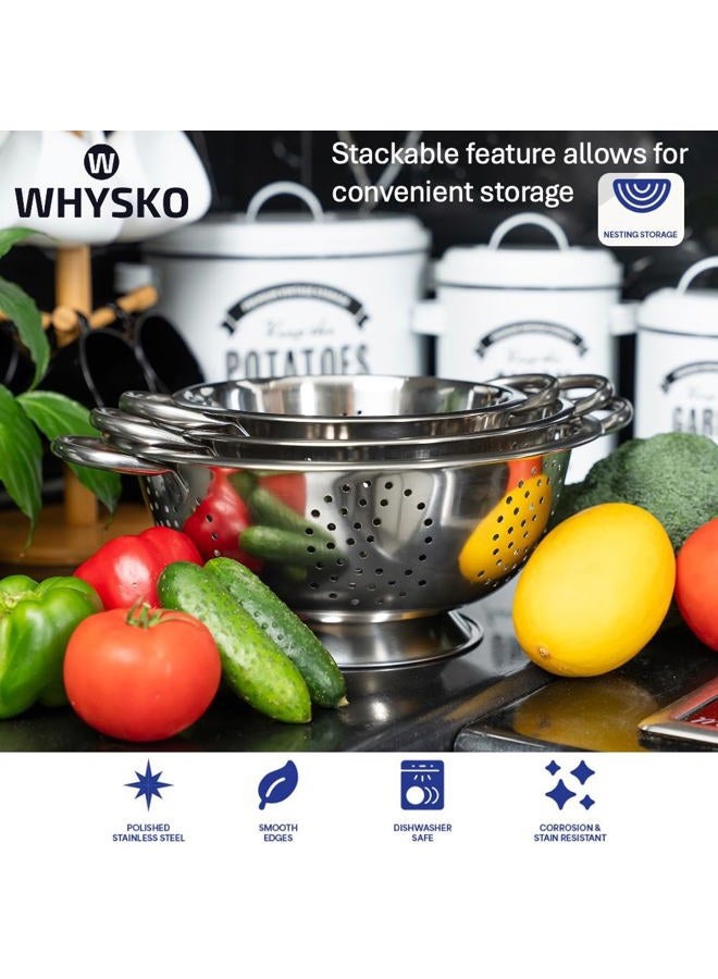 Whysko 3 Pack Stainless Steel Colanders with Handles - 5 Qt, 3 Qt, 1 Qt - Durable Colander for Kitchen Strainers and Colanders Set - Ideal Metal Colander for Pasta, Vegetables, Food Prep - Image 4