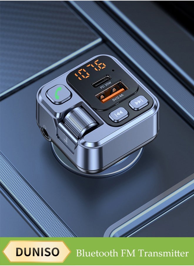 DUNISO Bluetooth FM Transmitter，Car Bluetooth 5.1 MP3 Player，Fast Car Charger,with LED display screen and Dual USB Ports，Plug and Play,Support AUX Audio Lossless Input,39*39*75.5mm  - Image 1