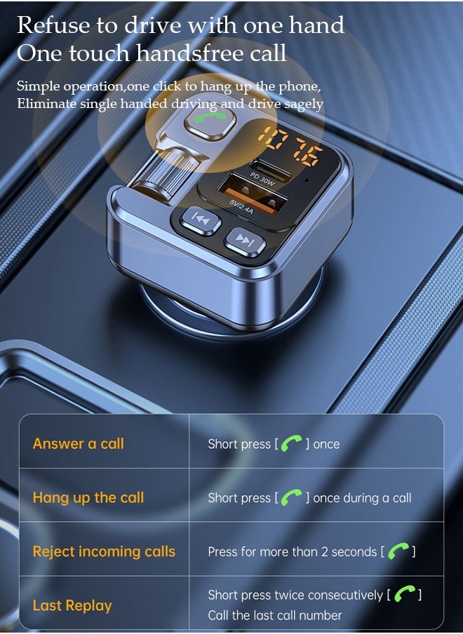 Bluetooth FM Transmitter，Car Bluetooth 5.1 MP3 Player，Fast Car Charger,with LED display screen and Dual USB Ports，Plug and Play,Support AUX Audio Lossless Input,39*39*75.5mm