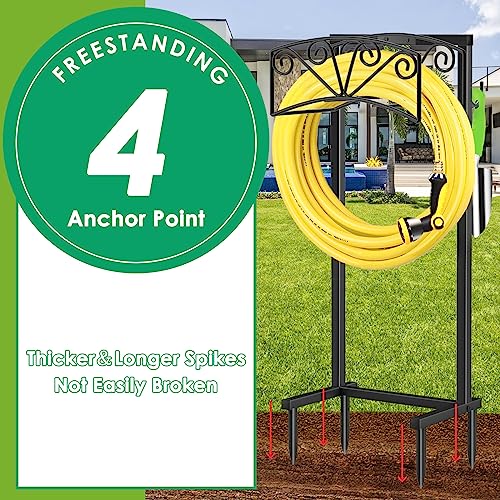 TomCare Garden Hose Holder Upgraded Heavy Duty Metal Water Hose Holder Holds 160 FT Hoses Sturdy Hose Reel with 2 Tool Hooks Freestanding Outdoor Hoses Storage Hanger for Outside Yard Lawn, Black - Image 3