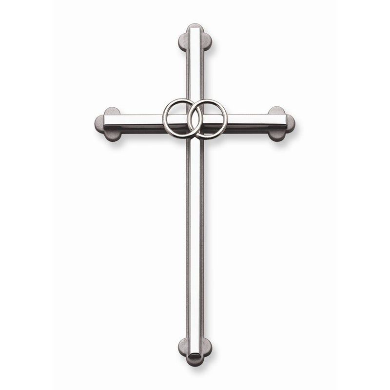 Cathedral Art Wedding Wall Cross, Entwined Rings Silver Metal Cross, 8 Inches, 0.40" x 4.50"