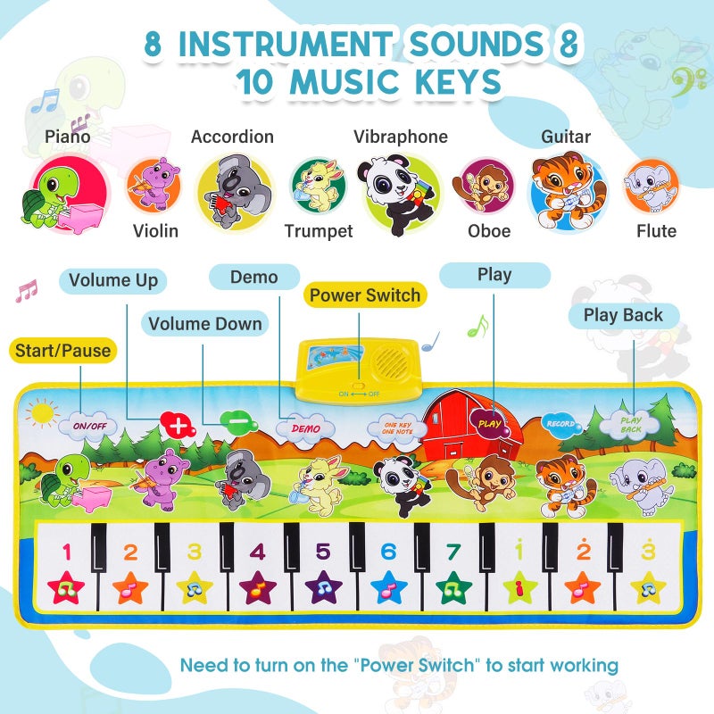 M SANMERSEN Piano Mat 395 X 14 Musical Mat Floor Piano Keyboard Mat 8 Instrument Sounds Piano Mat for Toddlers Touch Play Dancing Mat Toy for 1 2 3 Year Old Boy and Girl Gifts - Image 3